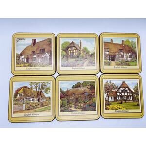 Vintage Pimpernel Acrylic Cork Square Coasters Set of 6 Cottages 4"x 4" England